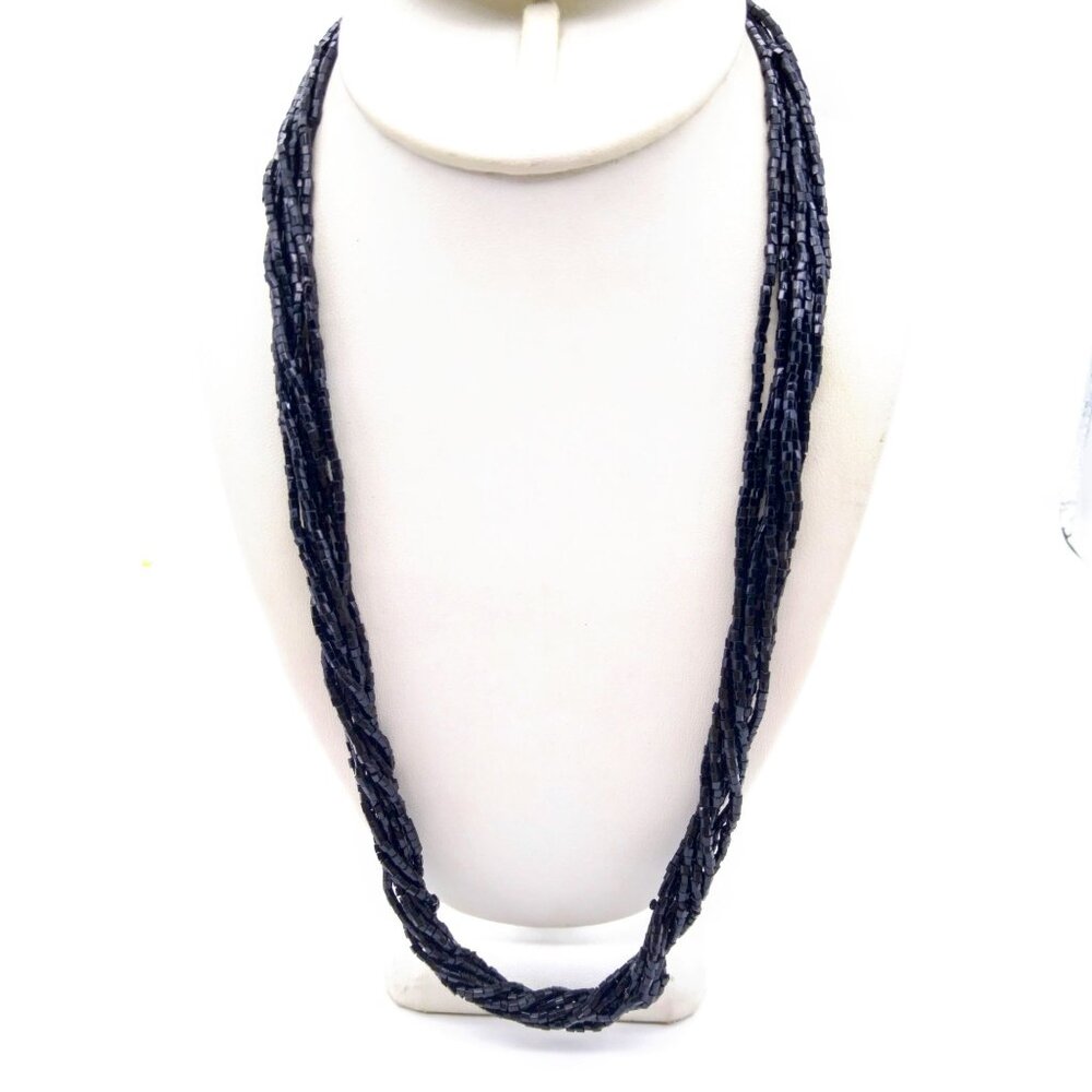 Vintage Black Torsade Necklace, Glass Tube Bead Multi Strand Twister Classy Chok